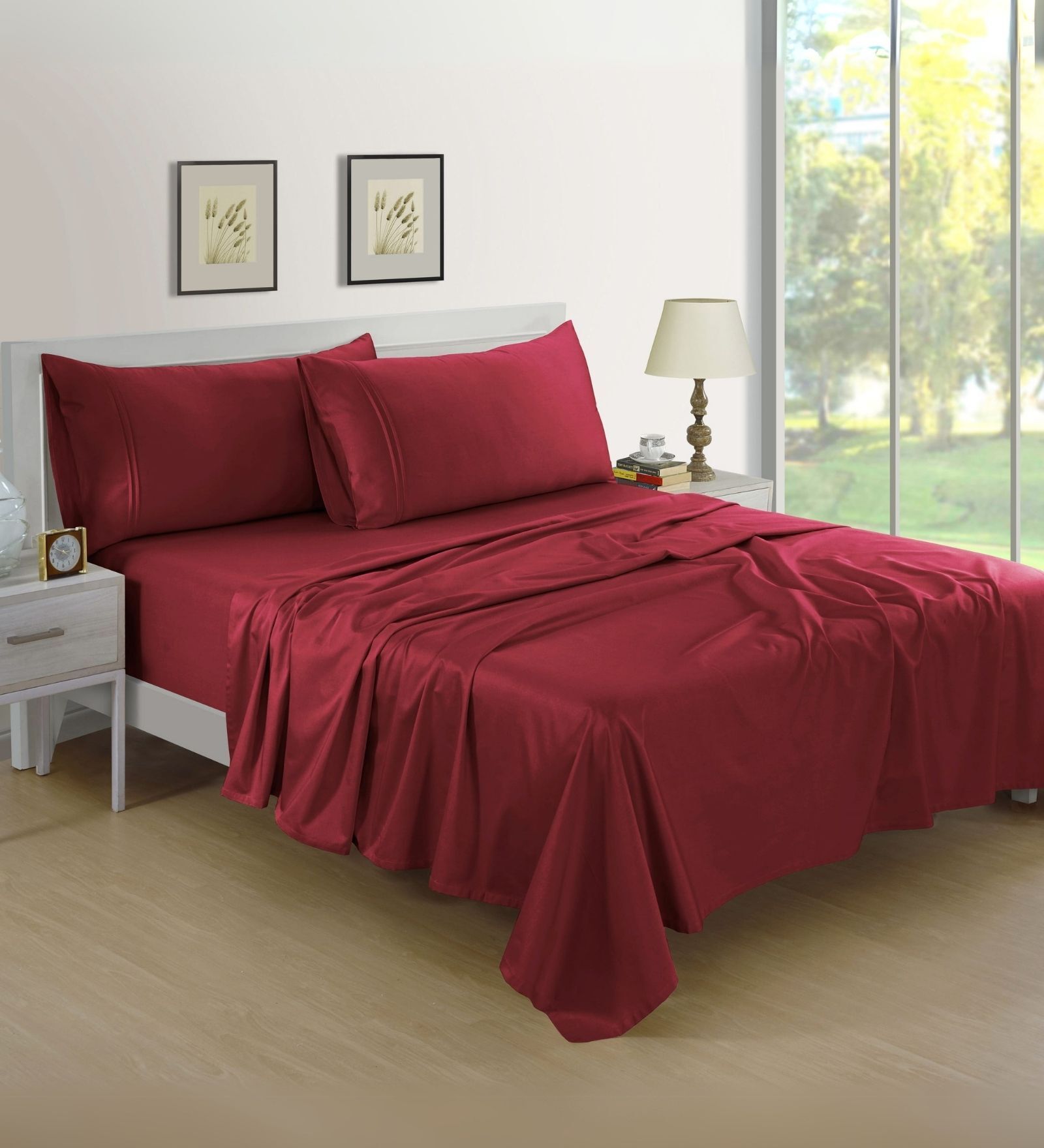 Cotton Satin Fitted Bedsheet, 60 x 78 inches, 400 Thread Count, Maroon, Set of 1 Bedsheet with 2 Pillow Covers