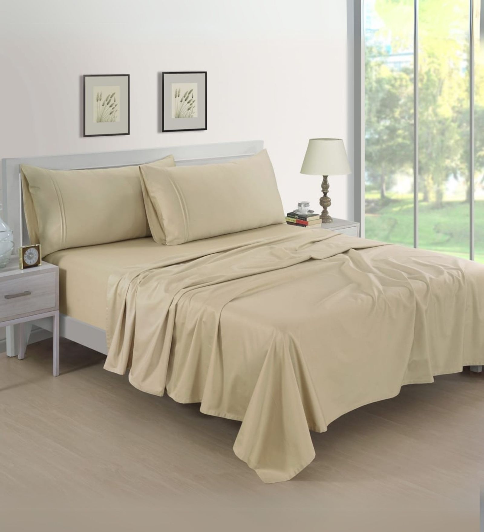 Cotton Satin Fitted Bedsheet, 72 x 78 inches, 400 Thread Count, Beige, Set of 1 Bedsheet with 2 Pillow Covers