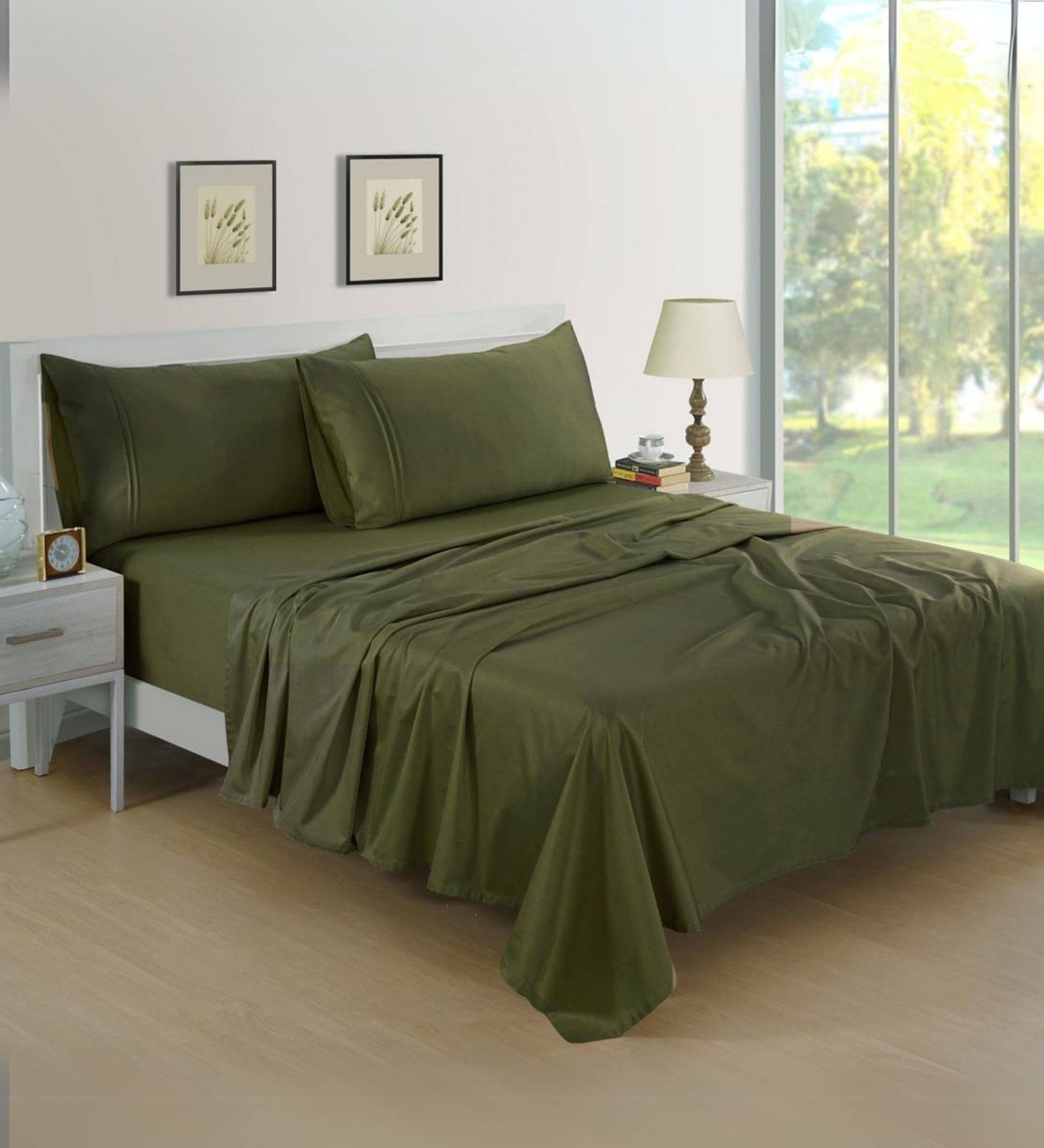 Cotton Satin Fitted Bedsheet, 72 x 78 inches, 400 Thread Count, Bottle Green, Set of 1 Bedsheet with 2 Pillow Covers