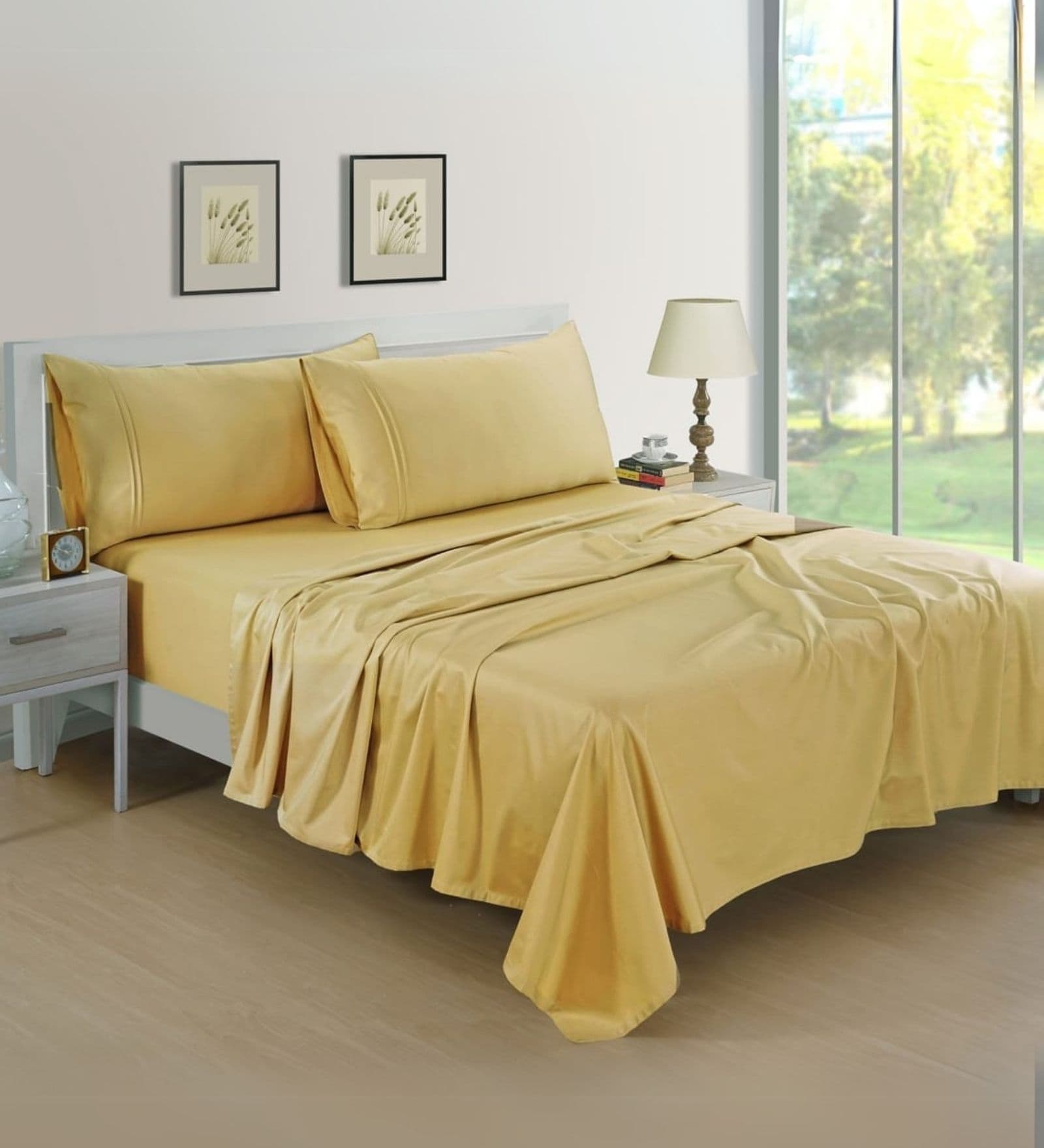 Cotton Satin Fitted Bedsheet, 72 x 78 inches, 400 Thread Count, Gold, Set of 1 Bedsheet with 2 Pillow Covers