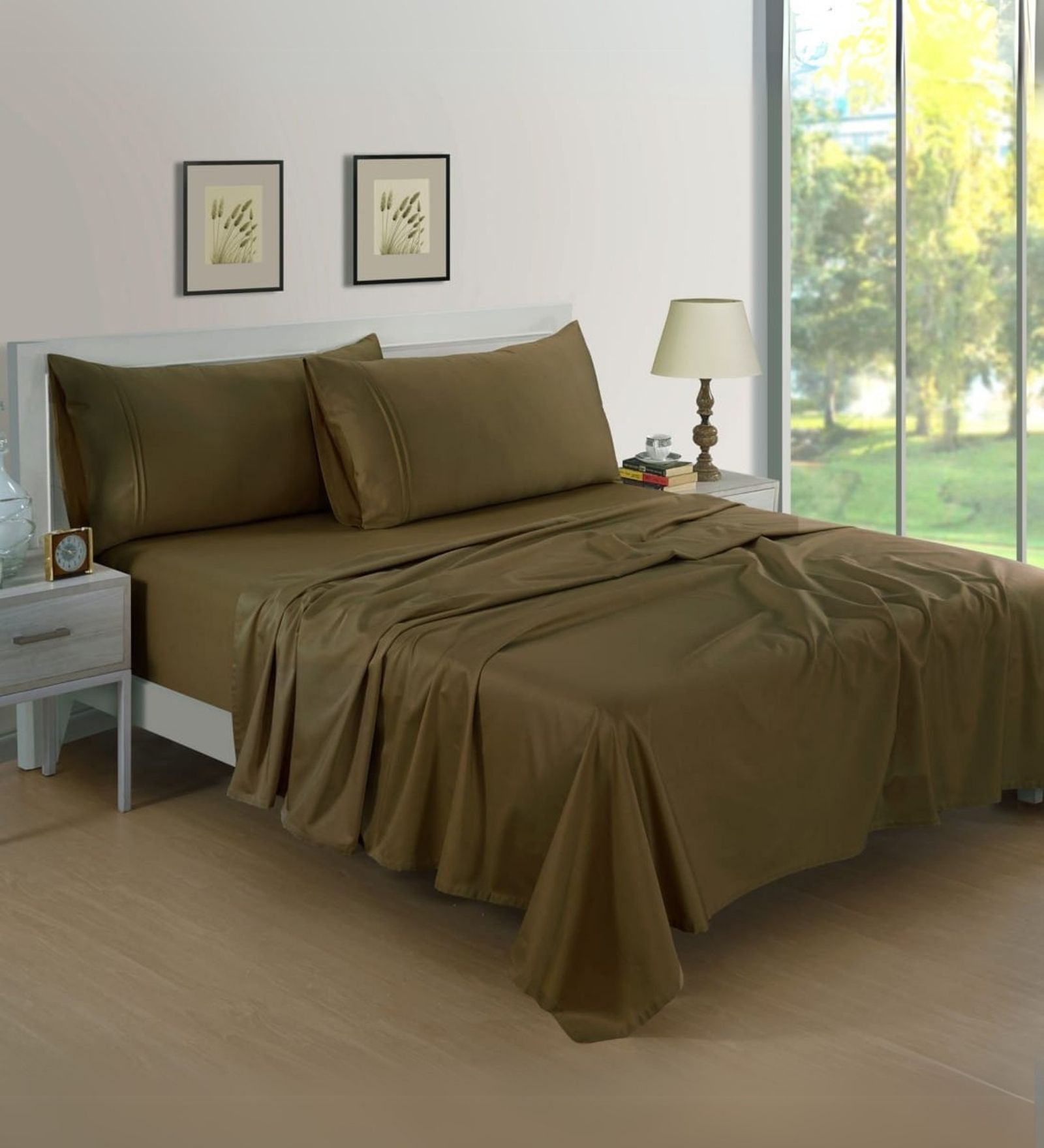 Cotton Satin Fitted Bedsheet, 72 x 78 inches, 400 Thread Count, Golden Brown, Set of 1 Bedsheet with 2 Pillow Covers