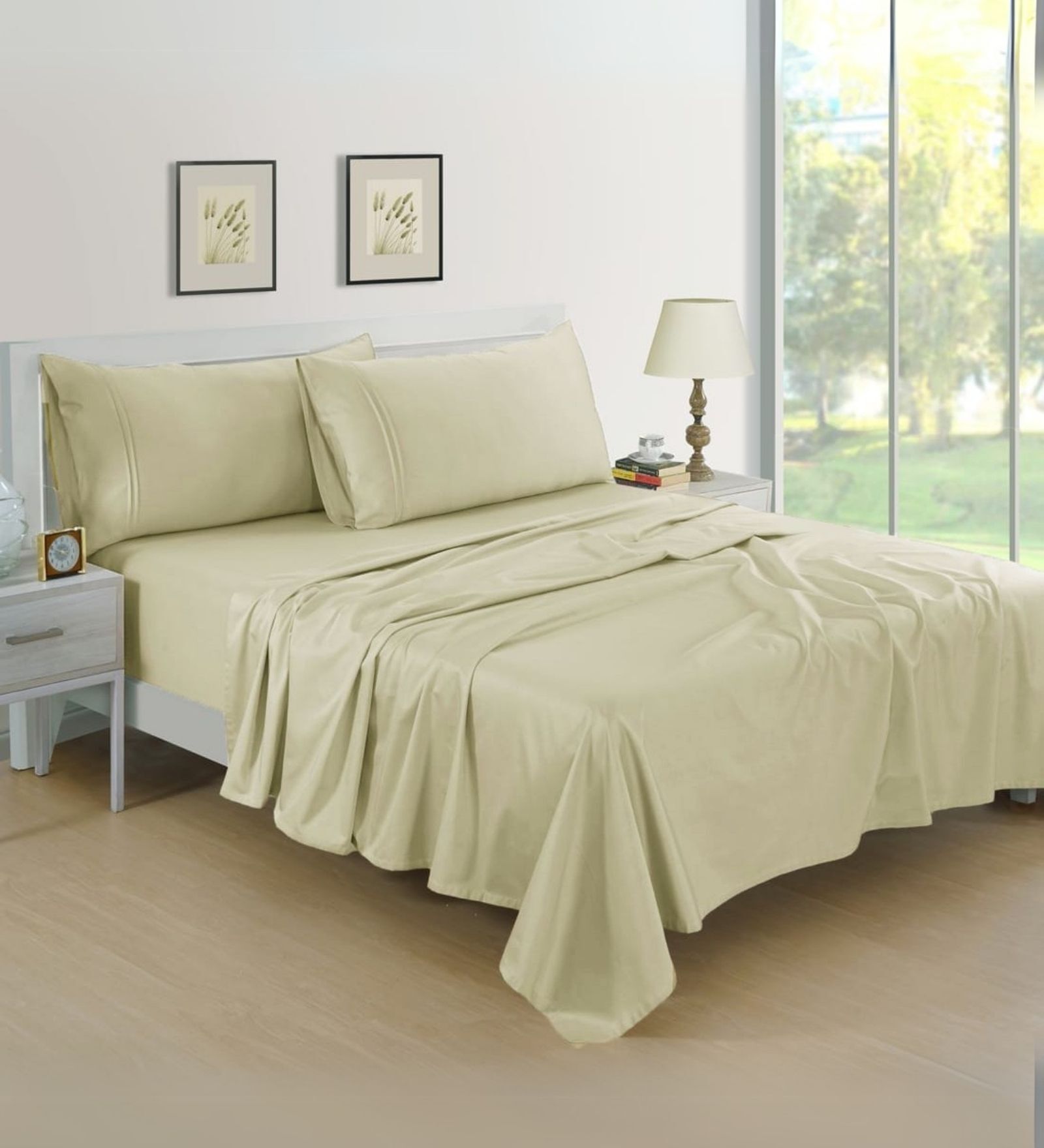 Cotton Satin Fitted Bedsheet, 72 x 78 inches, 400 Thread Count, Khaki, Set of 1 Bedsheet with 2 Pillow Covers