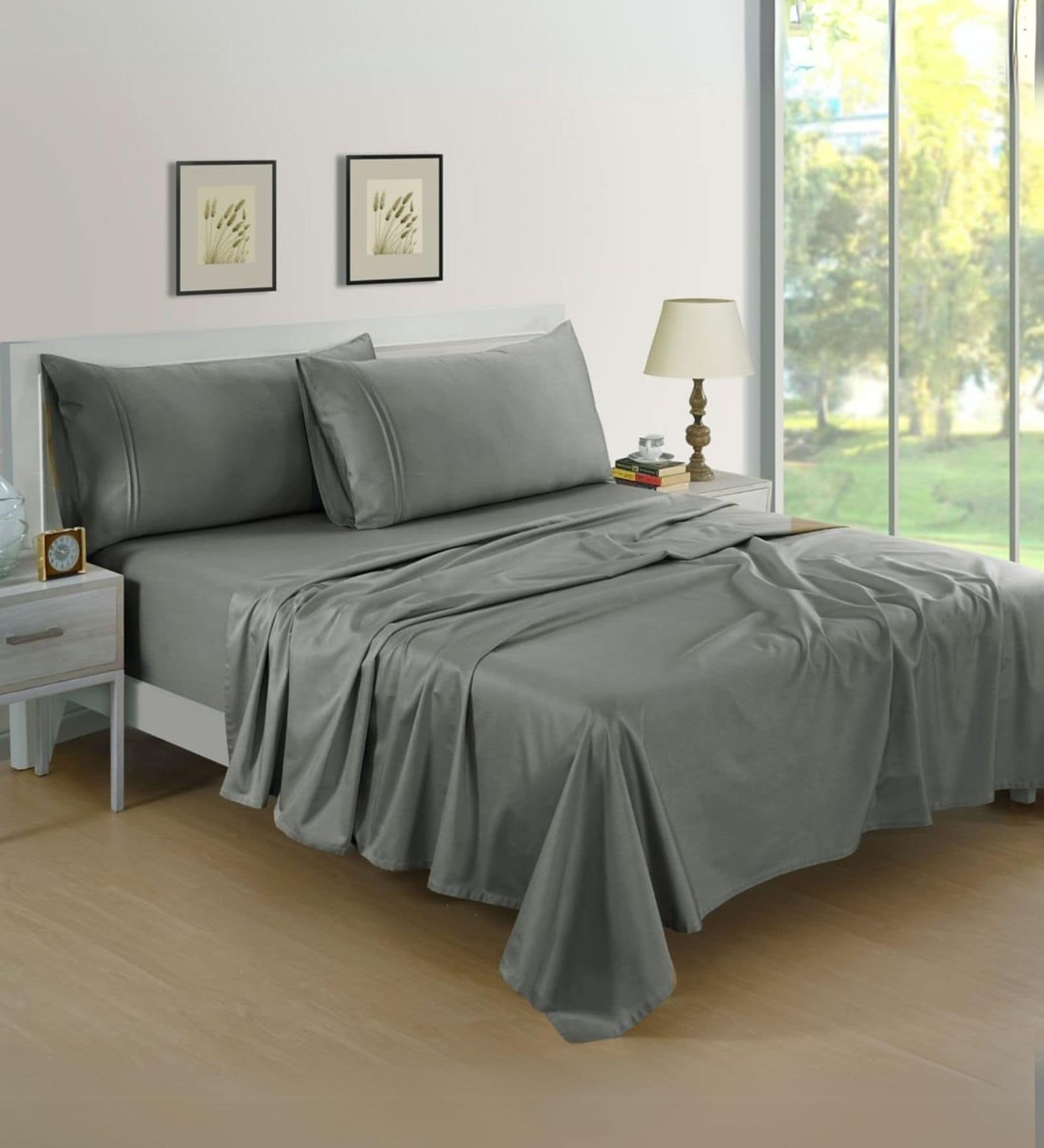 Cotton Satin Fitted Bedsheet, 72 x 78 inches, 400 Thread Count, Steel Grey, Set of 1 Bedsheet with 2 Pillow Covers