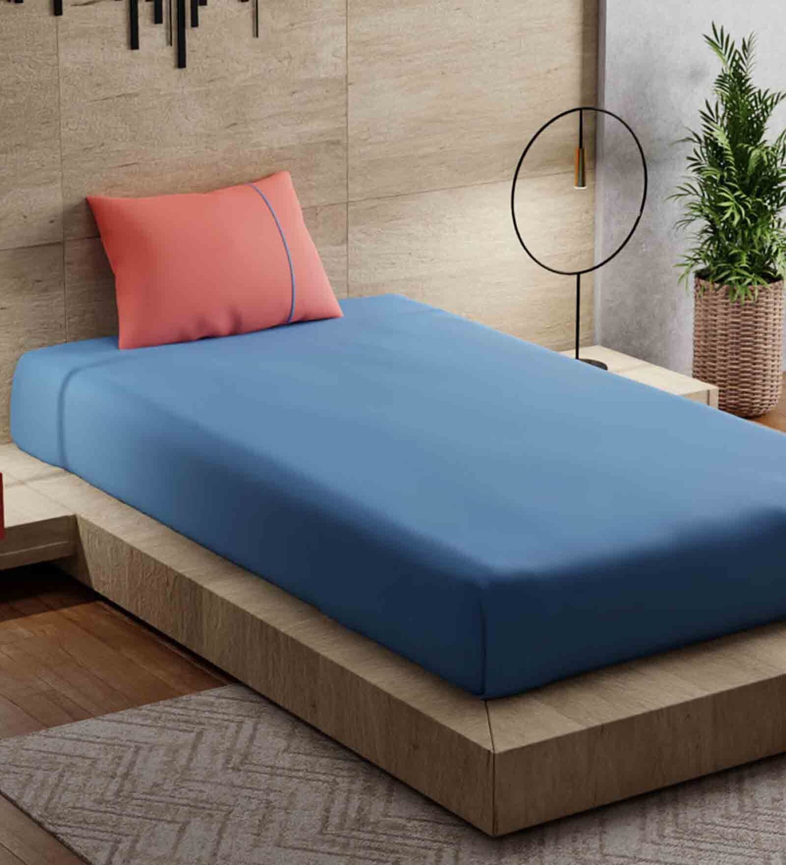 Blue Solid 144 TC Cotton Single Bed Sized Bed Sheets With 1 Pillow Cover