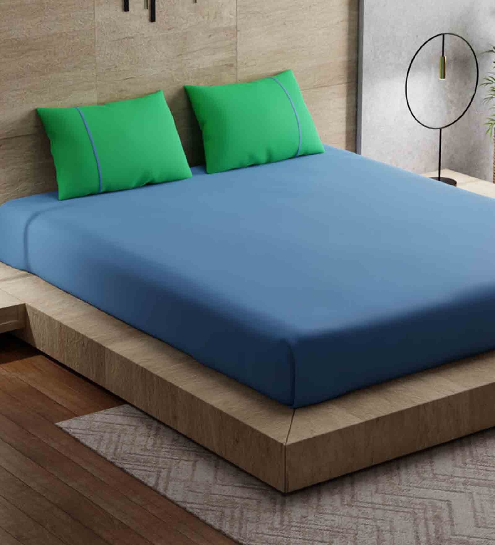 Buy Blue Solid 144 TC Cotton Blend Queen Sized Bed Sheets with 2 Pillow