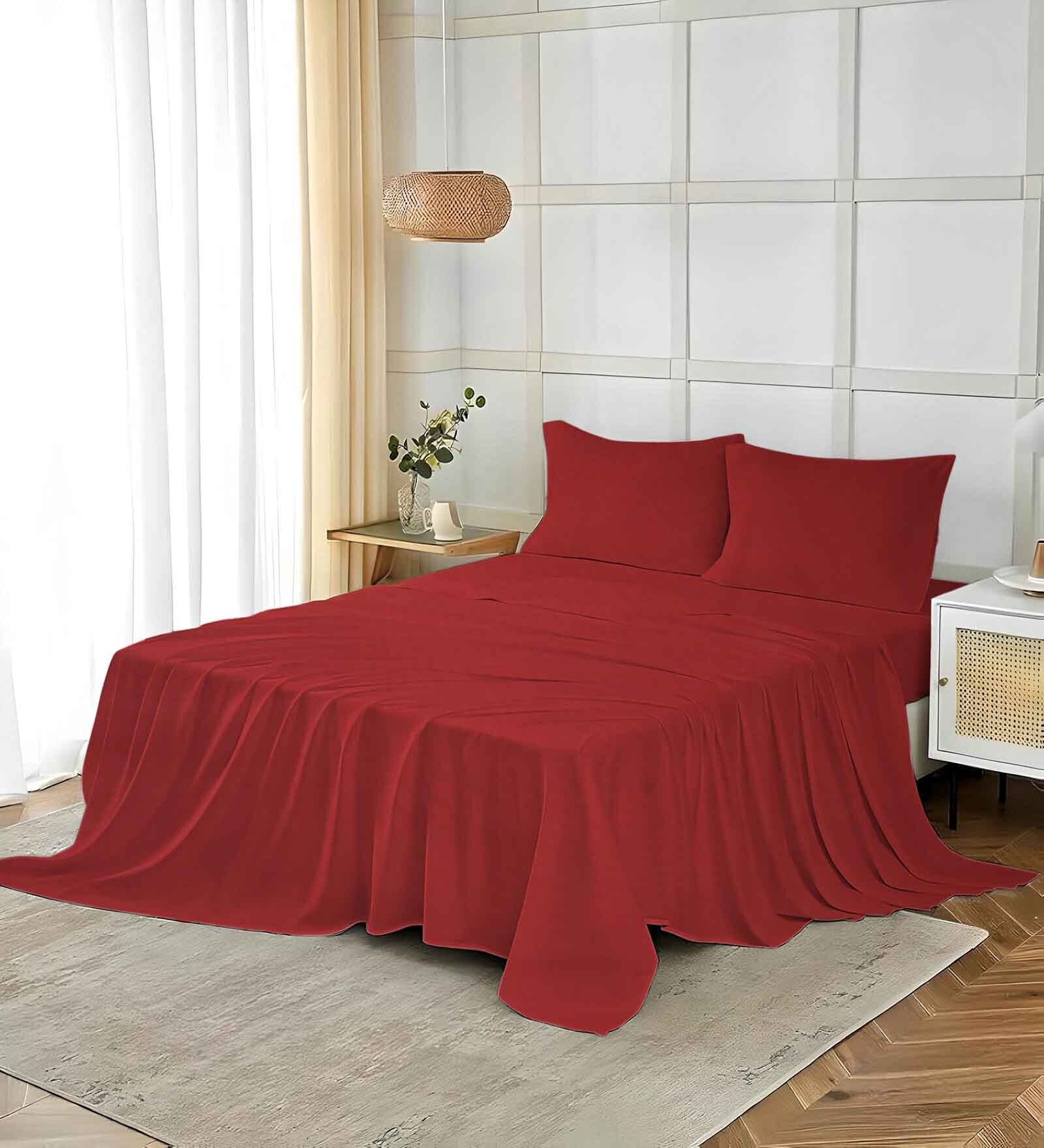 Cotton Solid Plain 400 TC Tomato Super King Bedsheet And 2 Pillow Cover Essential Series