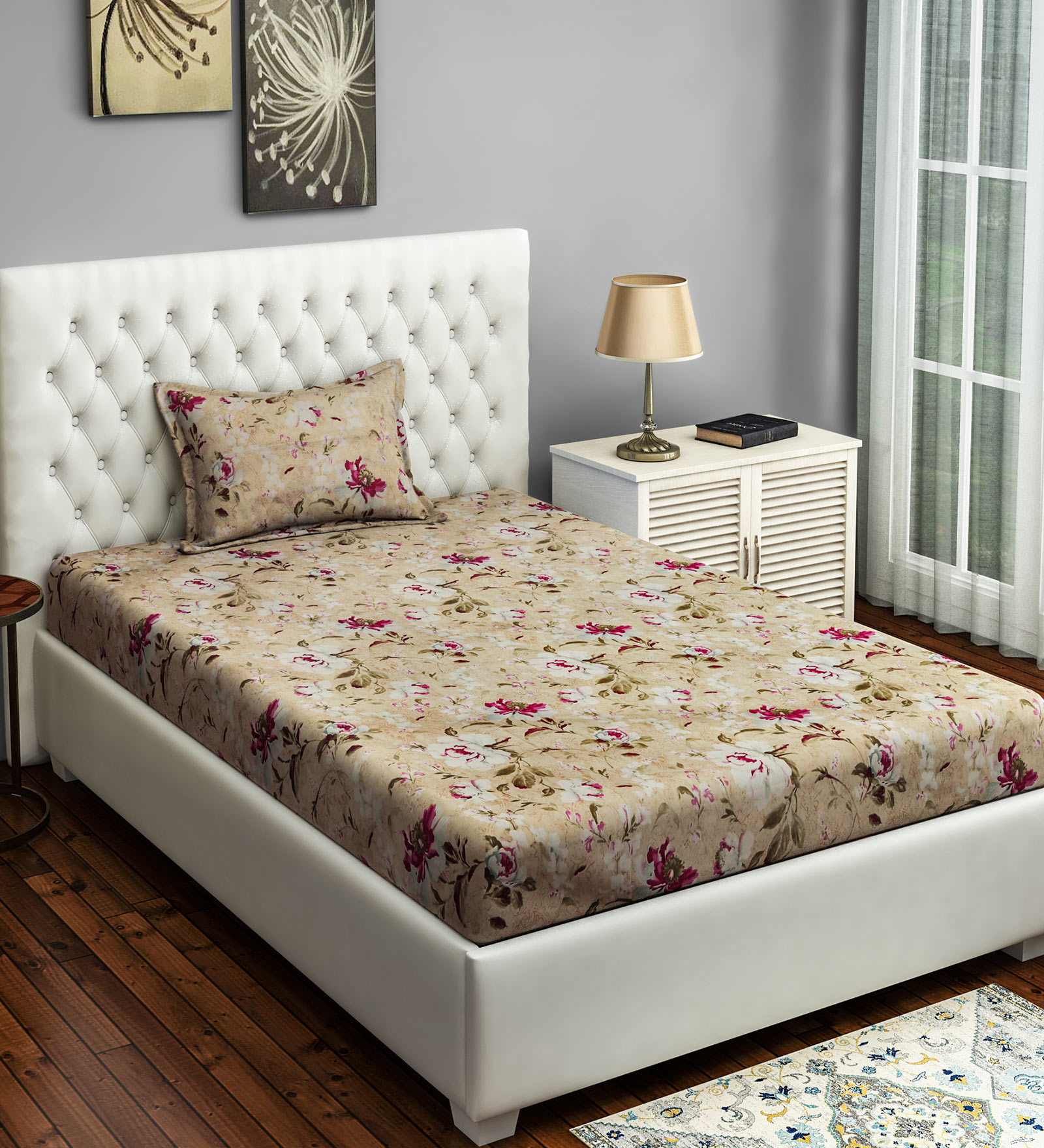 Beige Floral 250 TC Cotton 1 Single Bedhseet with 1 Pillow Cover