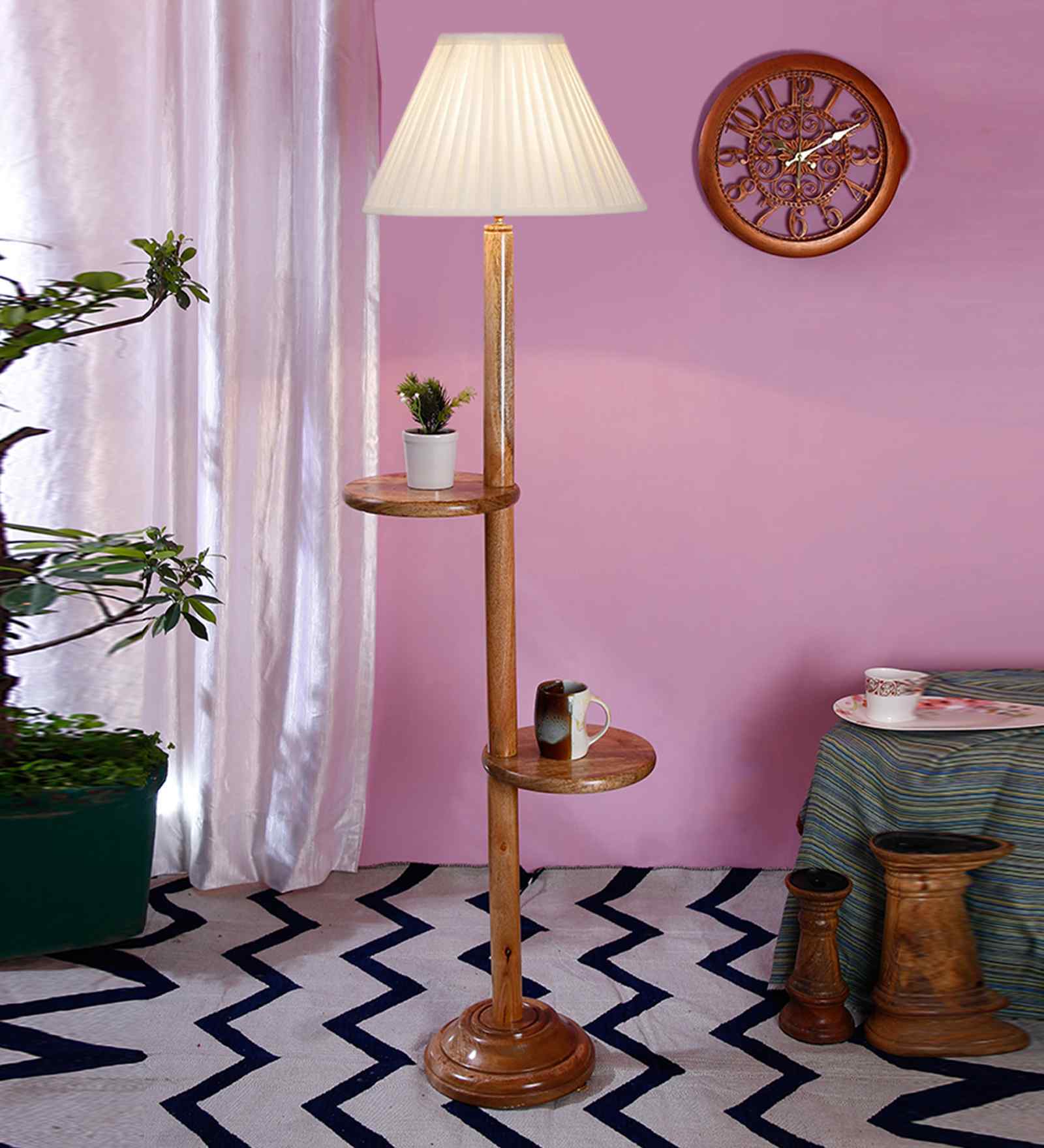 Cotton Straight Pleated Wooden Floor Lamp