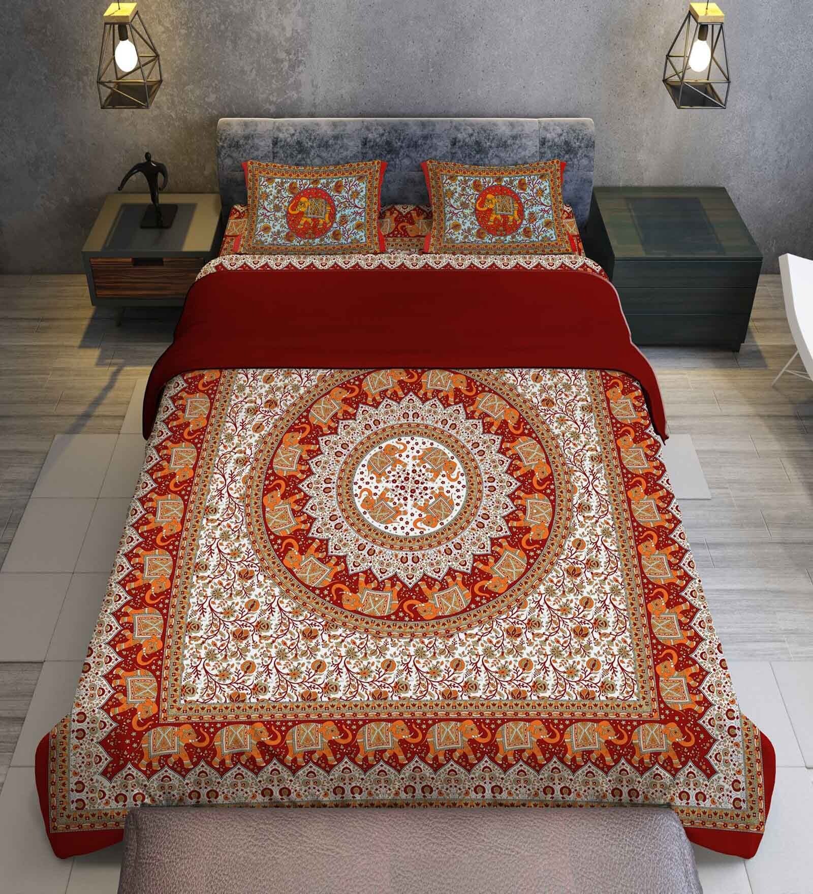 Marron Traditional 120 TC Cotton Queen Sized Bedsheet with 2 Pillow Cover