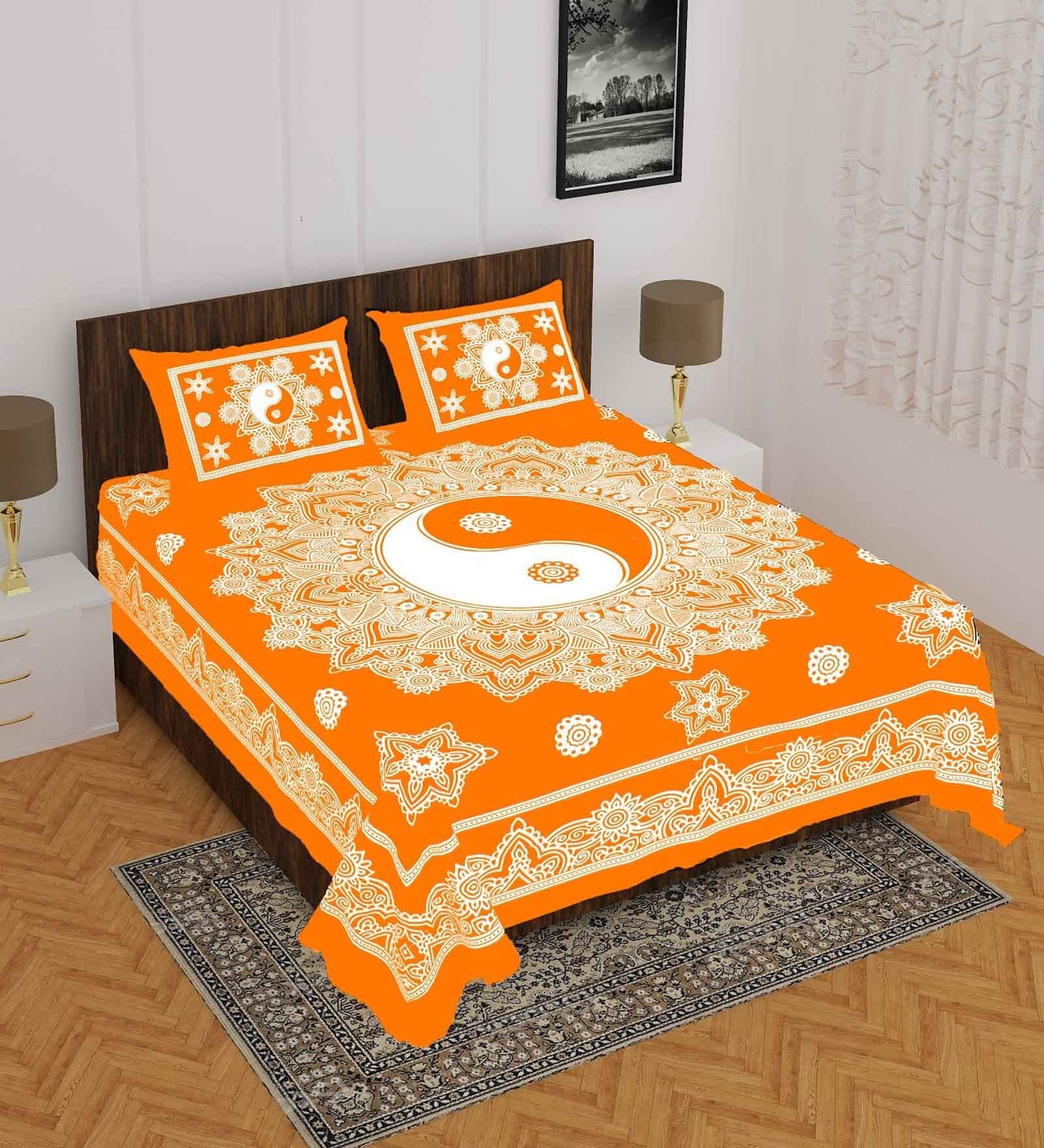 Yellow Abstract 120 TC Cotton Queen Sized Bedsheet with 2 Pillow Cover