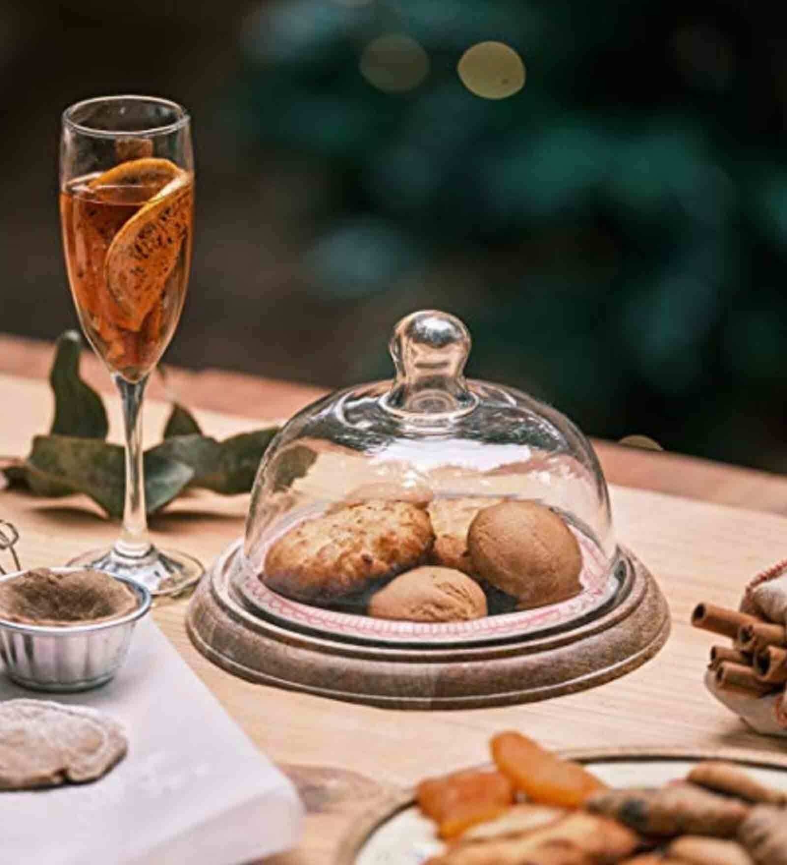 Country Floral Pink Wood Cloche with Wooden Base