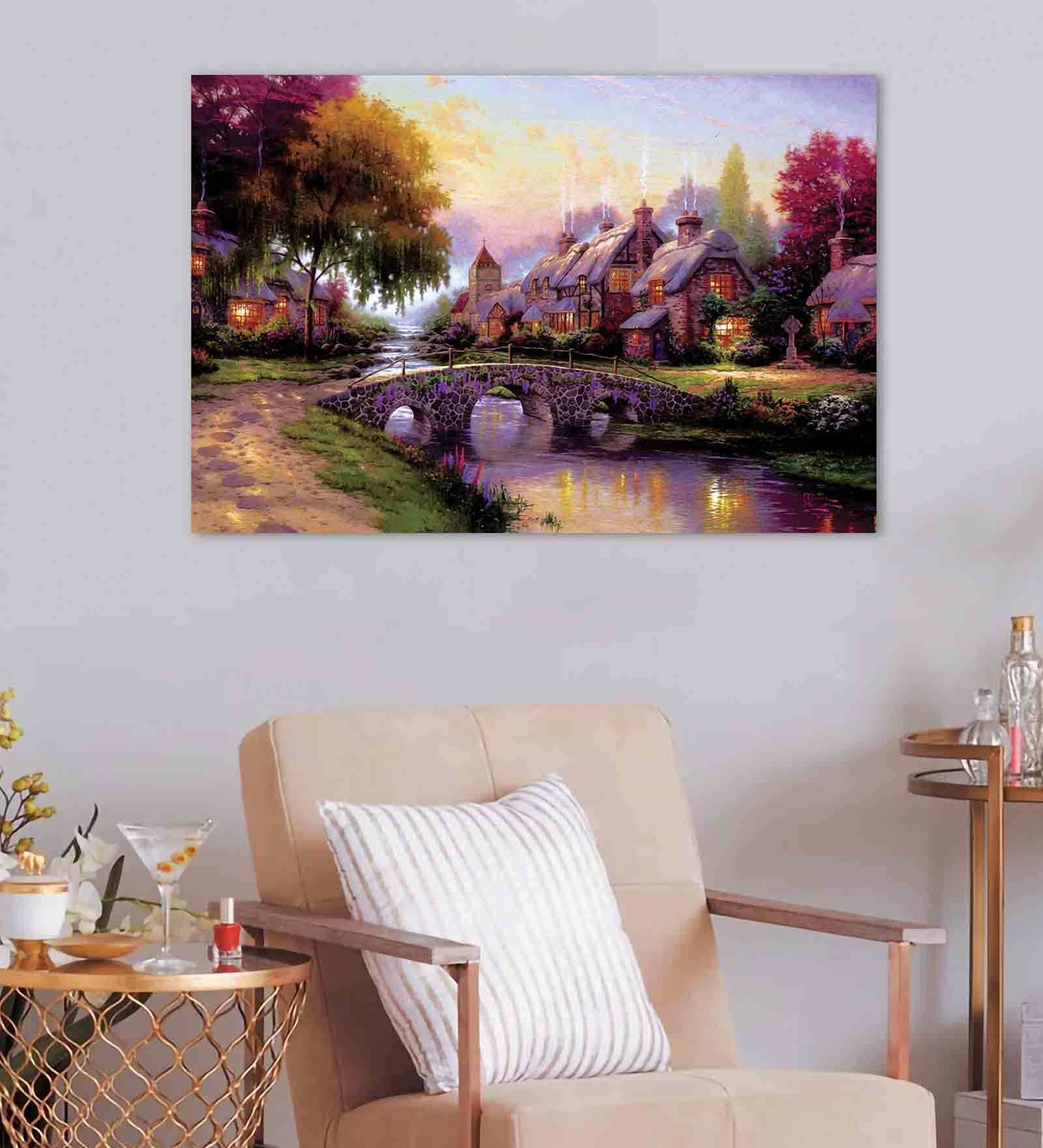 Countryside River Purple Canvas Teakwood And MDF Framed People and Places Art Print