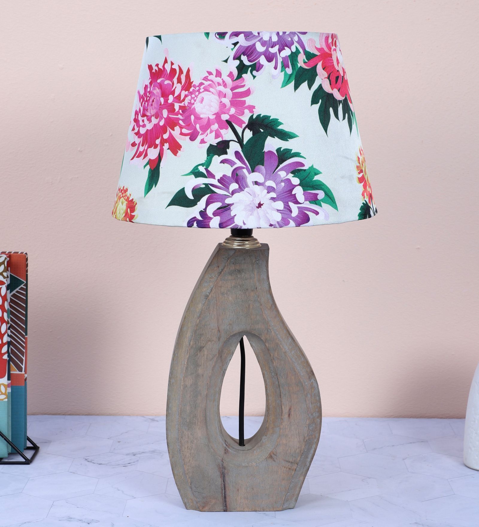 County Cottgae Mangowood Table Lamp With Carnation Print Satin Shade