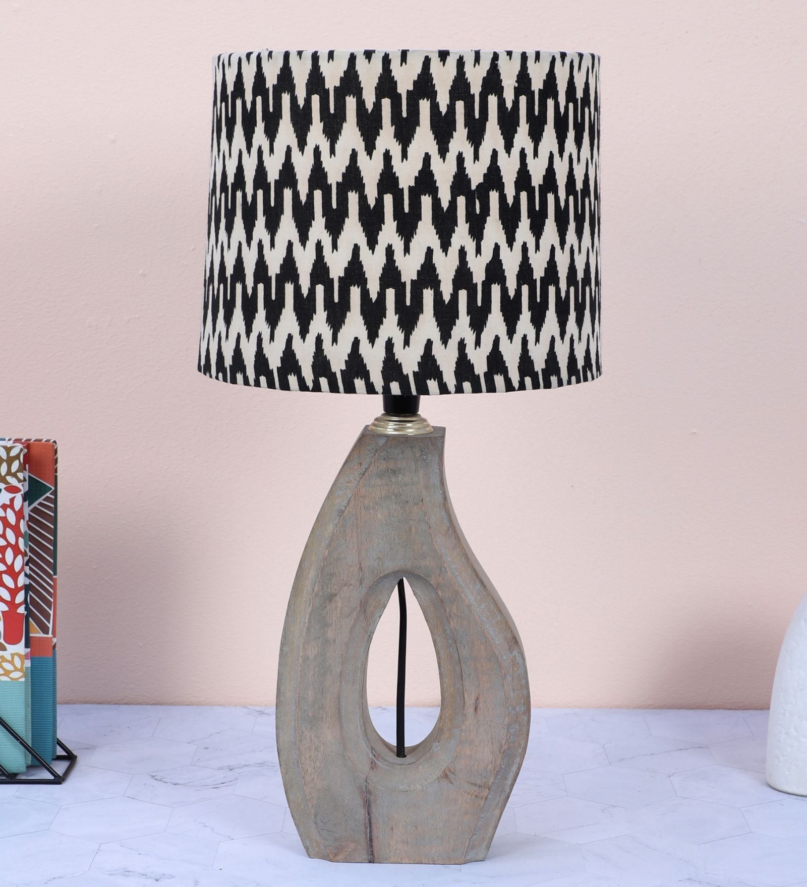 County Cottgae Mangowood Table Lamp With Chevron Print Satin Shade
