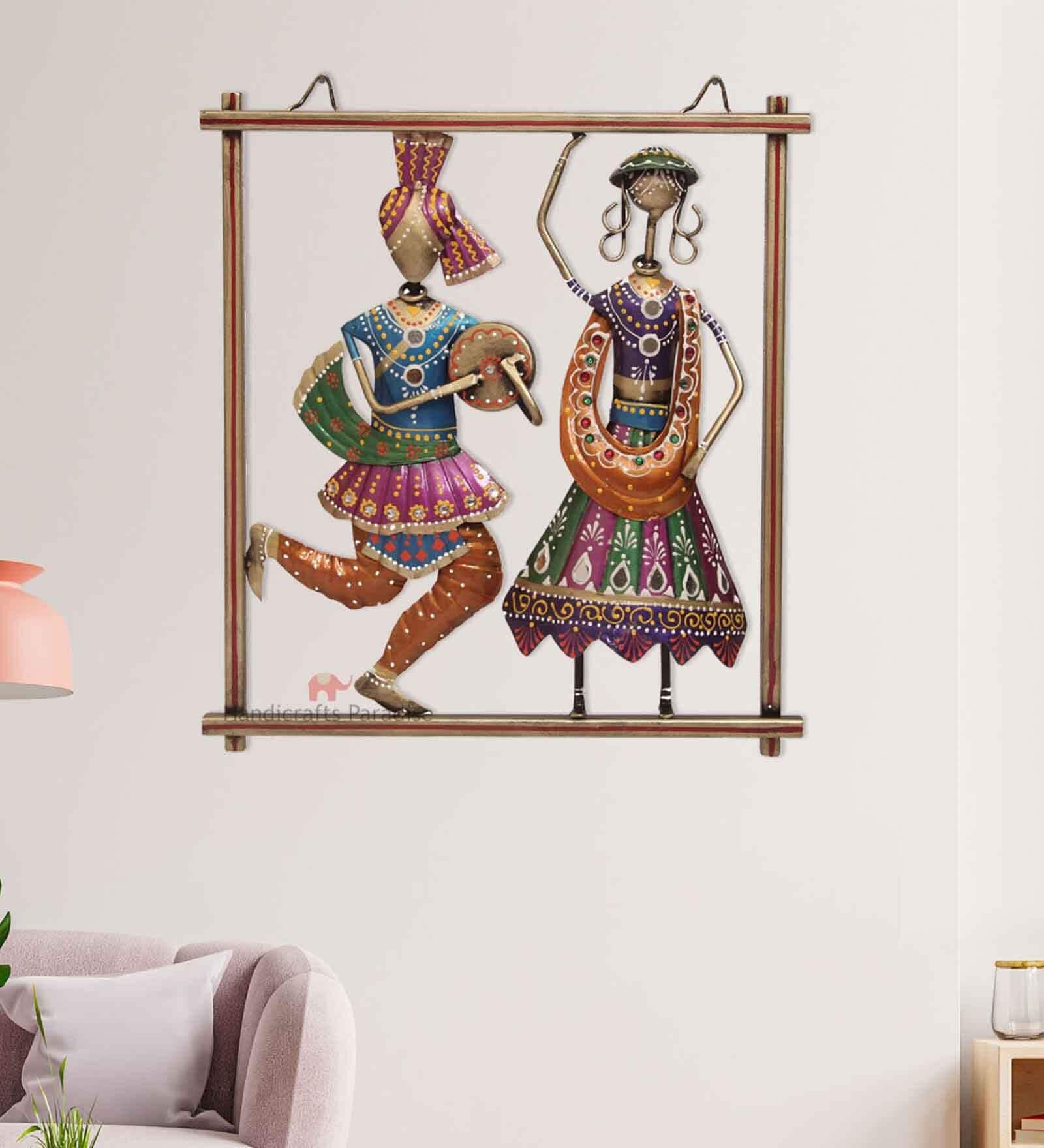 Couple Playing Dandia Multicolour Iron Wall Art