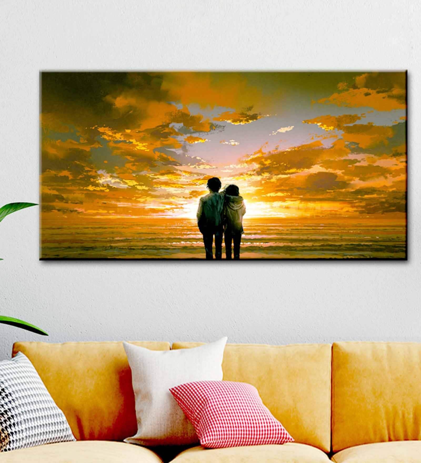 Couple Watching Sunset Beautiful Scenery Canvas Printed Painting with Wood Frame