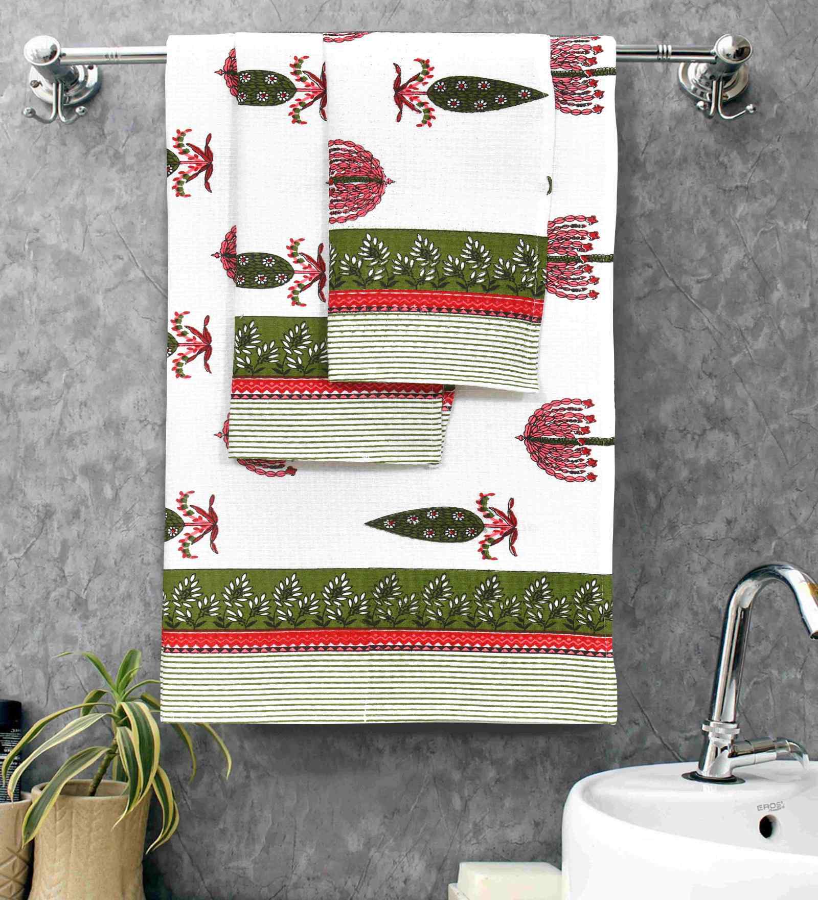 Courtyard Madhuban Floral Waffle Cotton 250 GSM Bath & Hand Towel Set