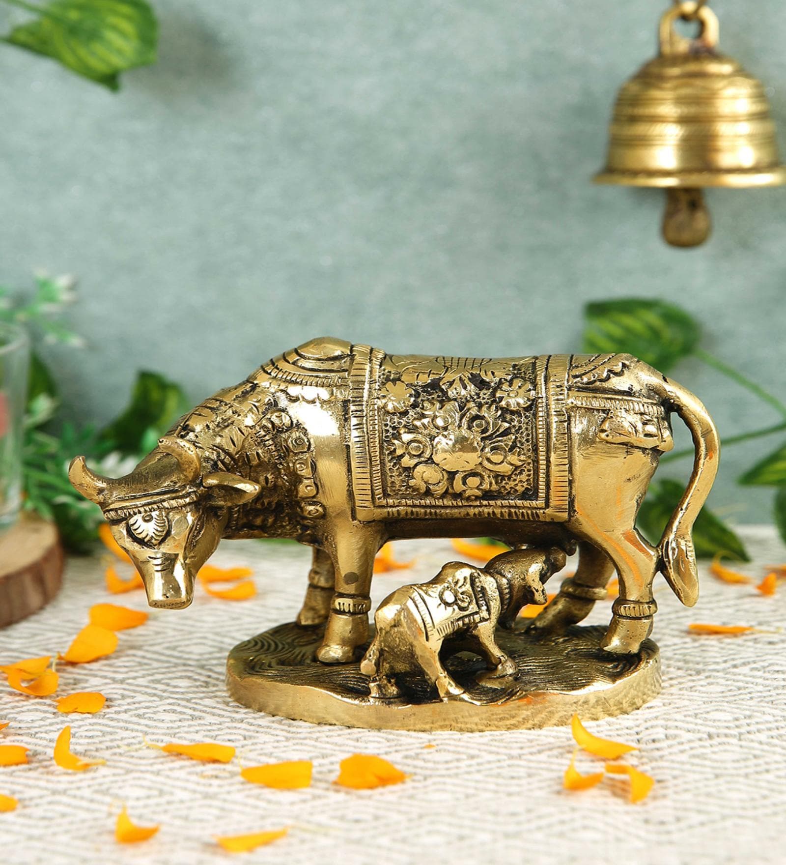 Cow & Calf Kamdhenu Gold Brass Idol
