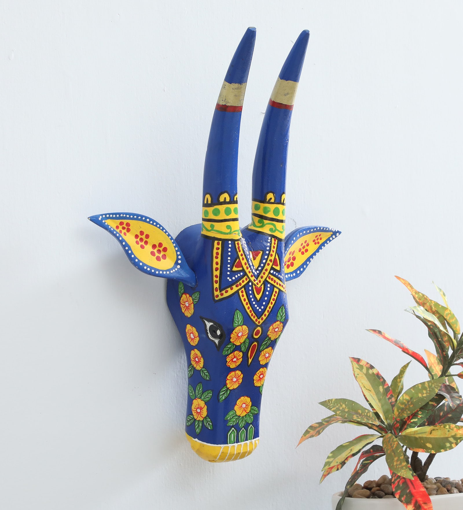 Blue Cow Sclupture Mango Wood Wall Mask