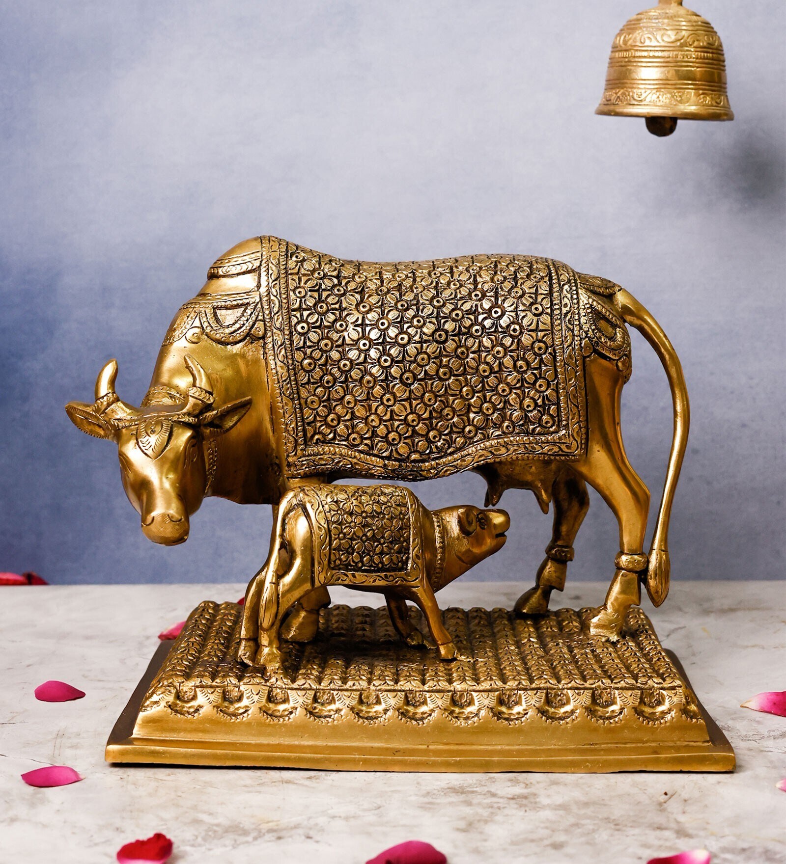 Cow With Calf On Platform Large Brass Religious Idol