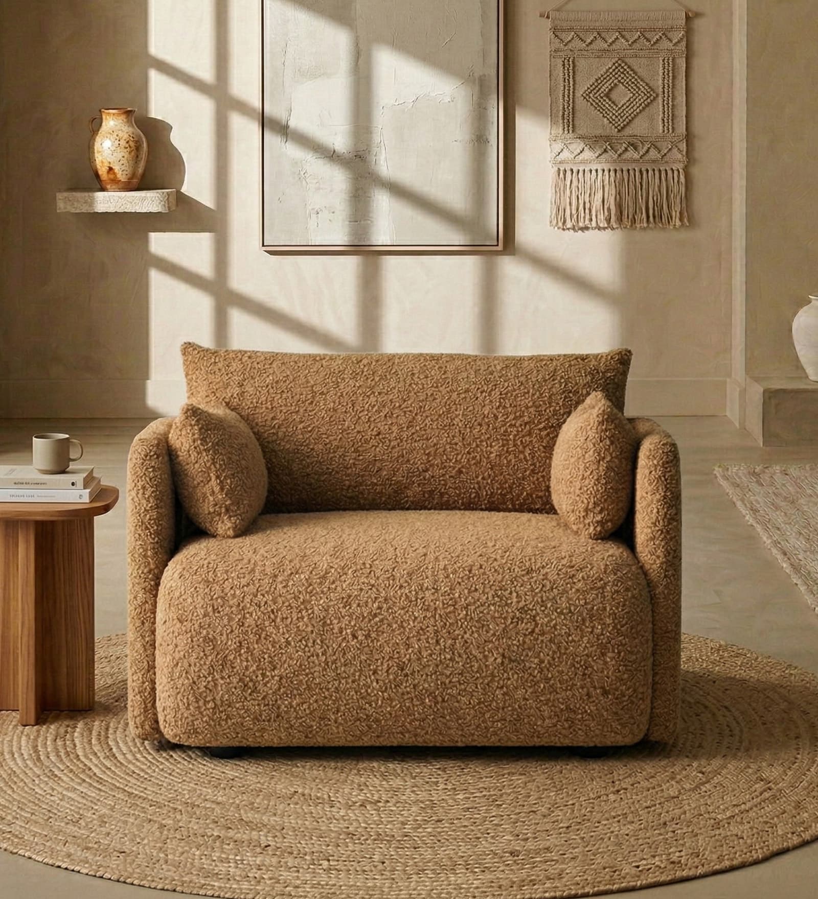 Cozy Chic Boucle 1 Seater Sofa In Mustard Colour