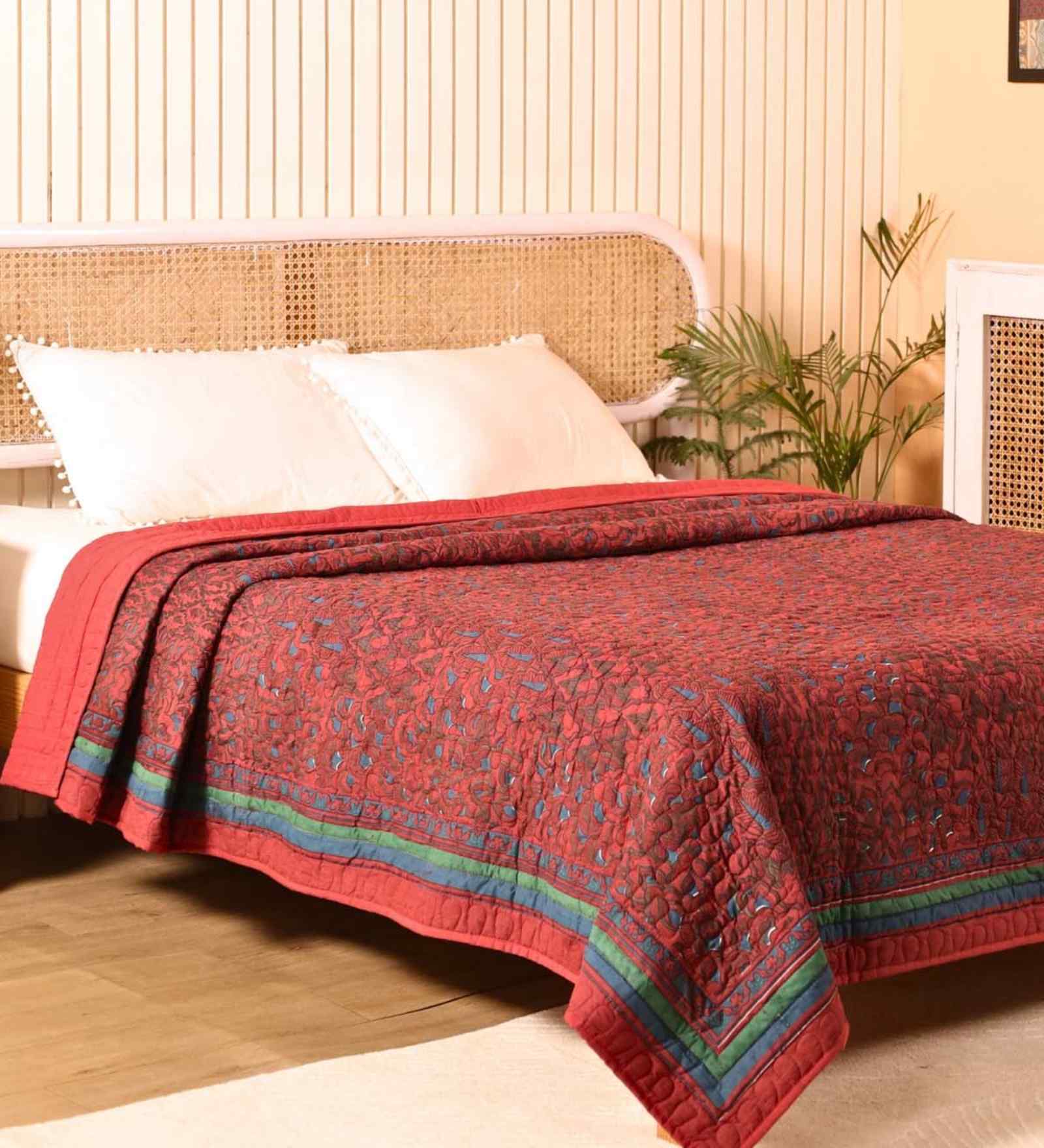 Jaipur Handprinted Quilted Brick Red Cotton King Bed Sized Bedcover Cum AC Blanket Jaipur Handprinted Quilted Brick Red Cotton King Bed Sized Bedcover Cum AC Blanket