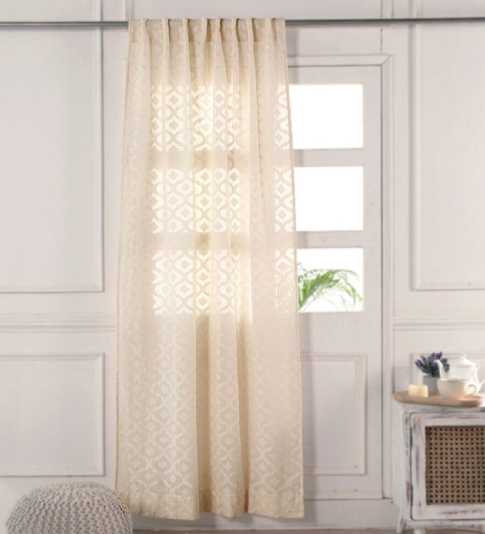 Beige & White Cutwork 7Ft Semi Sheer Handwoven Cotton Curtain