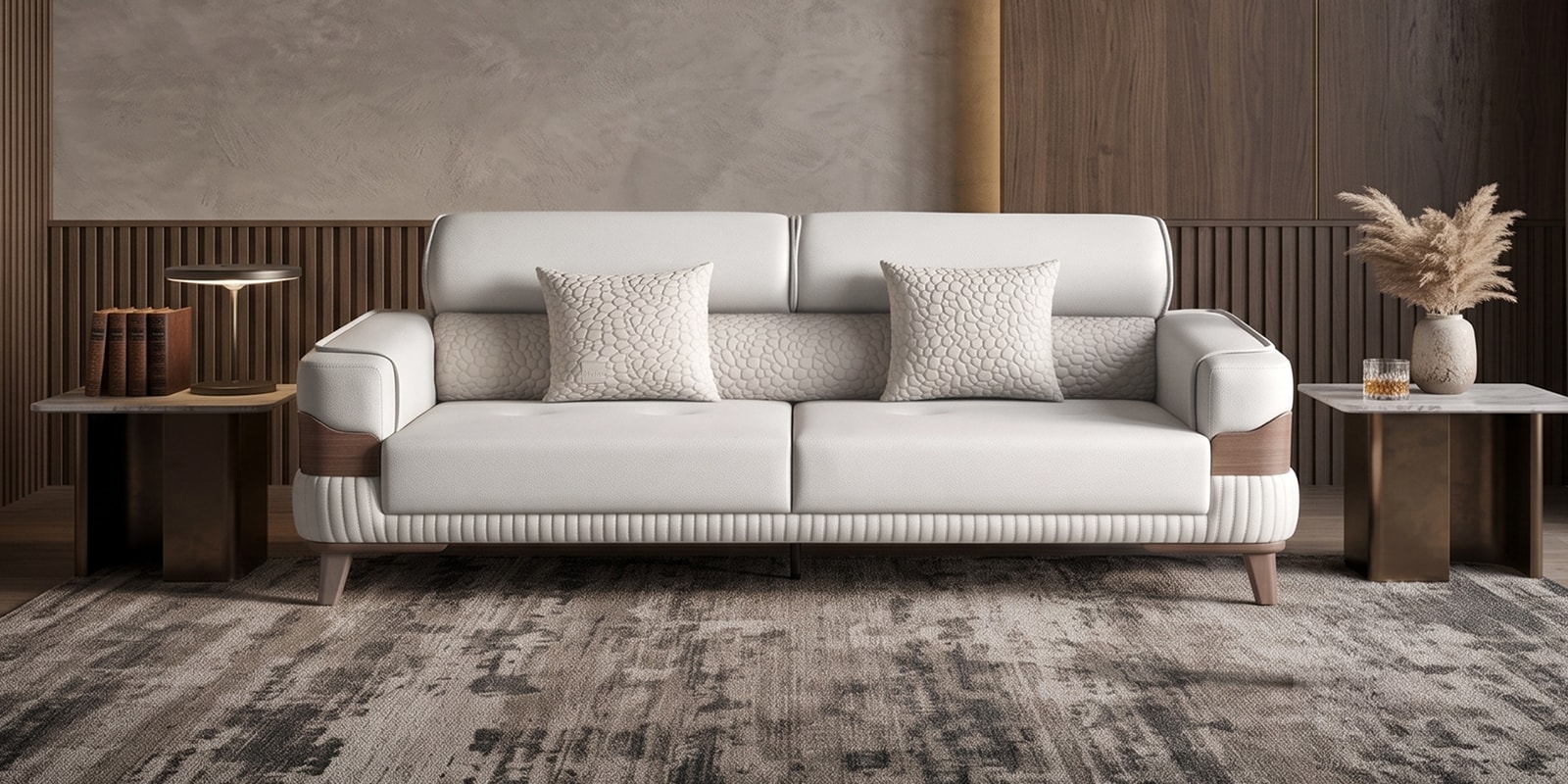 INFINITY Upholstery 3 Seater Sofa In Taupe Colour With Walnut Brown Finish INFINITY Upholstery 3 Seater Sofa In Taupe Colour With Walnut Brown Finish