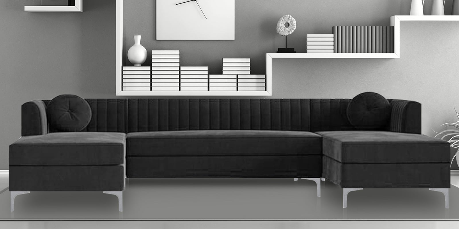 Consequential Velvet Corner Sofa in Dark Grey Colour in C Shape