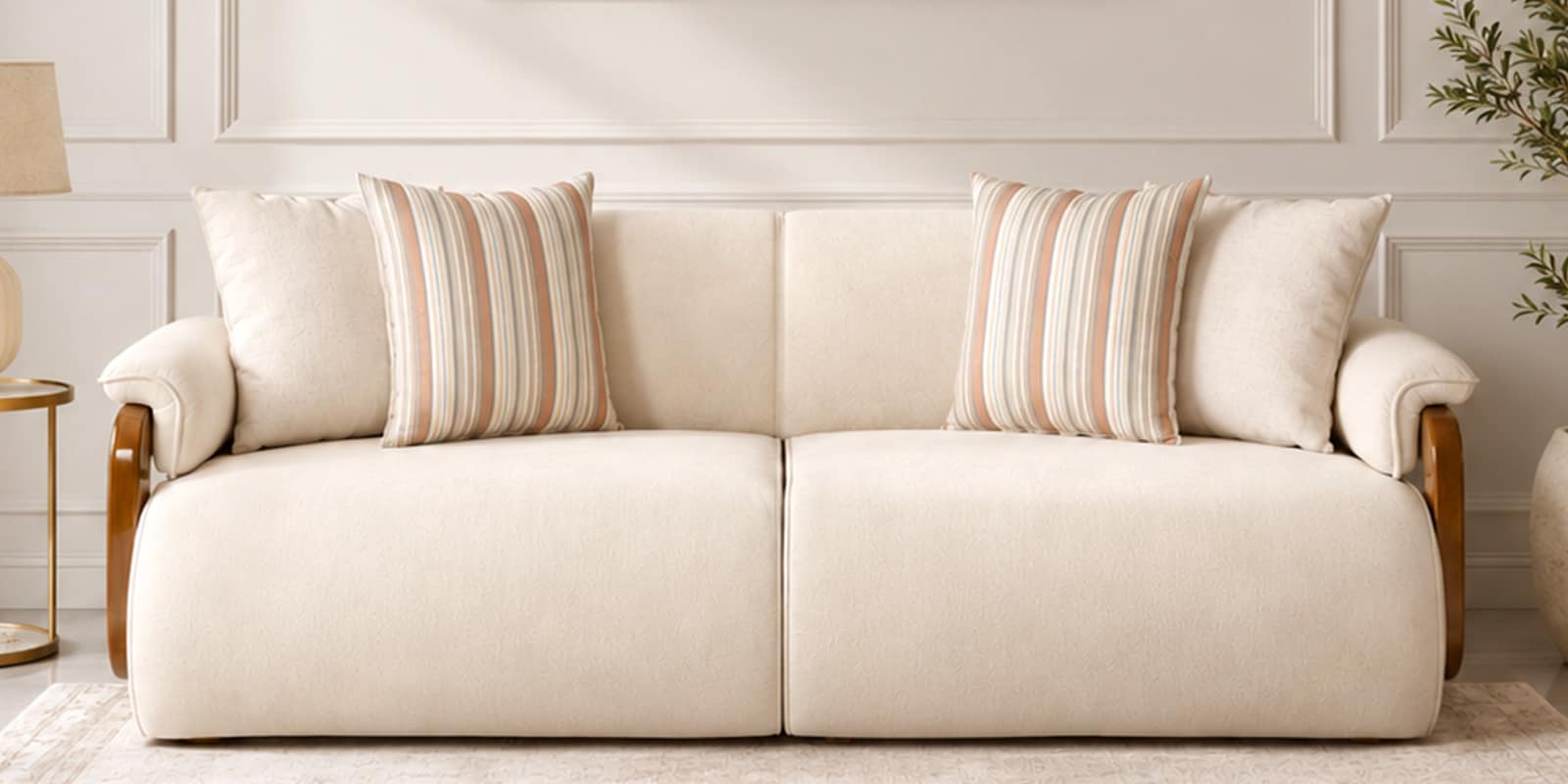 Corvin Fabric 3 Seater sofa with Wooden Armrests in Beige Colour