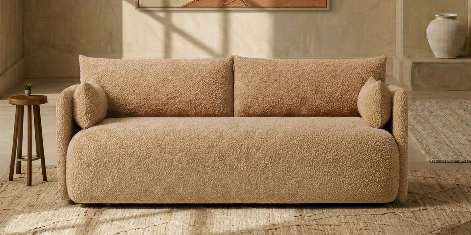 Cozy Chic Boucle 3 Seater Sofa In Mustard Colour