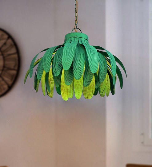 Coastal Green Palm leaves 20 Inch Wide Single-Light Steel Ceiling Pendant Hanging