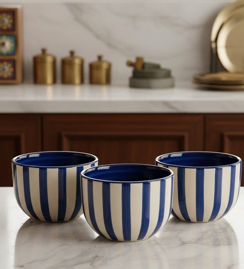 Coastal Stripes Ceramic Bowl Set of 2(320ml Each)