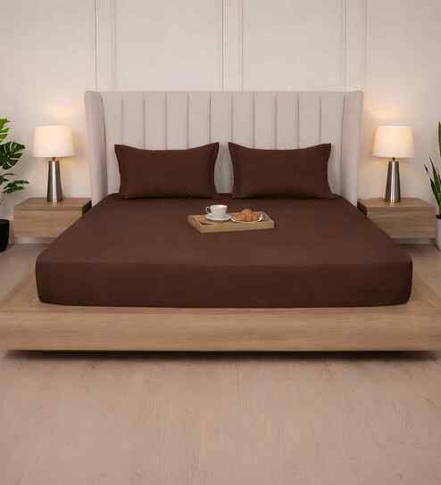 Cocoa Brown Solid 300 TC Pure Cotton King Fitted Bedsheet with 2 Pillow Covers