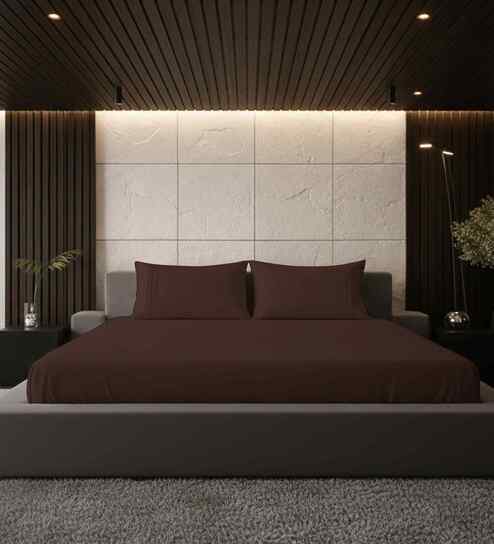 Cocoa Brown Solid 500 TC Pure Cotton King Fitted Bedsheet with 2 Pillow Covers
