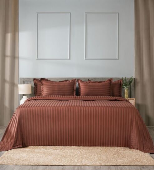 Brown 300TC 100% Cotton Stripe Flat Super King Bedsheet with 2 Pillow Covers