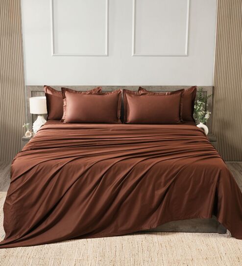 Brown 400TC 100% Cotton Solid Flat Super King Bedsheet With 2 Pillow Covers