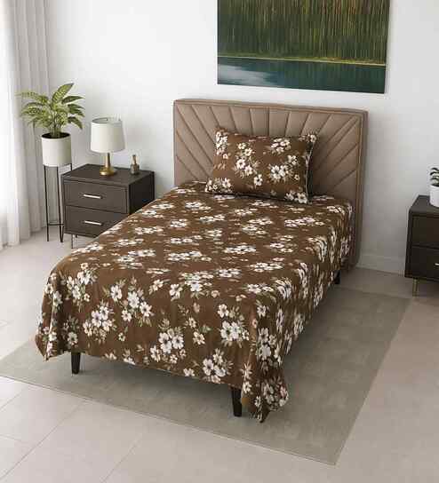 Coffee Floral 290 Tc Cotton Single Bedsheet With 1 Pillow Cover