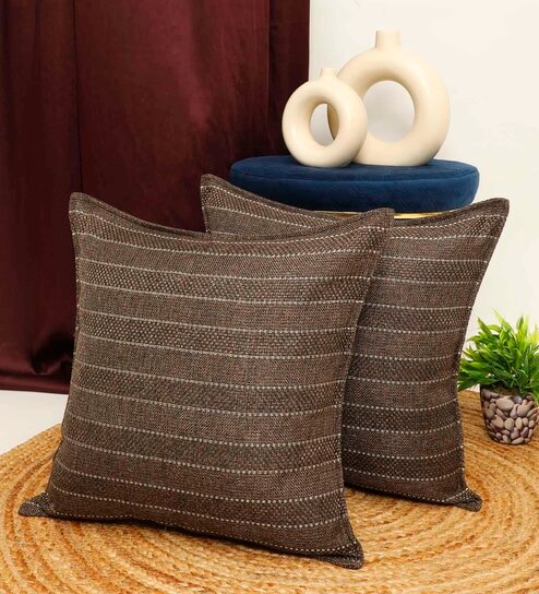 Coffee Jute Stripes 18x18 inches  Large Cushion Covers  (2Pcs)