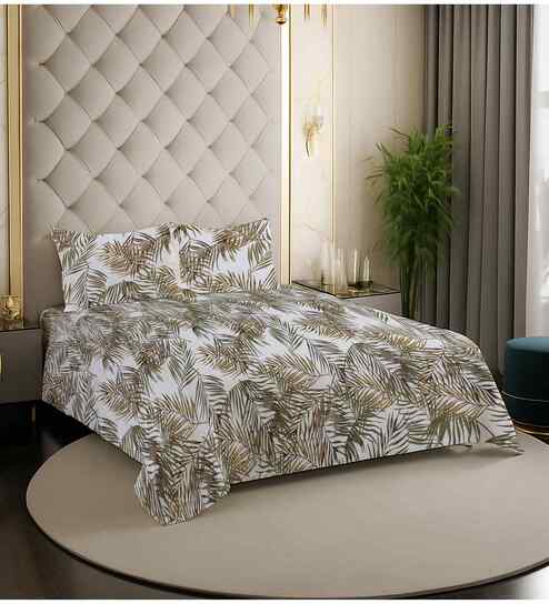 Coffee Leaf 200 TC Cotton King Size Double Bedsheet with 2 Pillow Covers