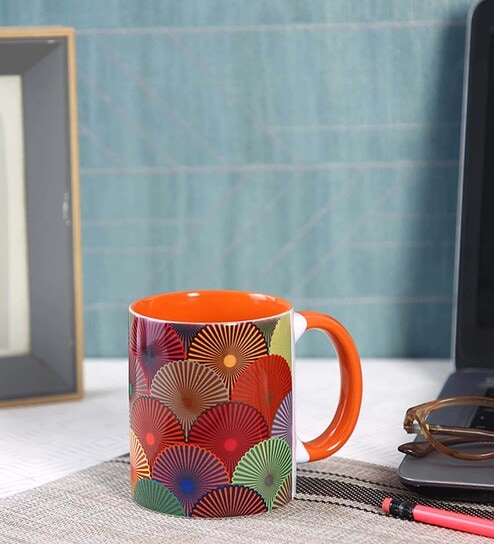 Coffee Mug Inside Colour With Orange & Multicolour Shell Print