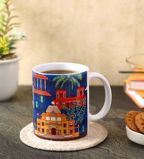 Coffee Mug With Navy Blue & House Print