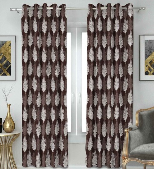 Coffee Polyester Floral 7Ft Semisheer Eyelet Door Curtain (1 Pc)