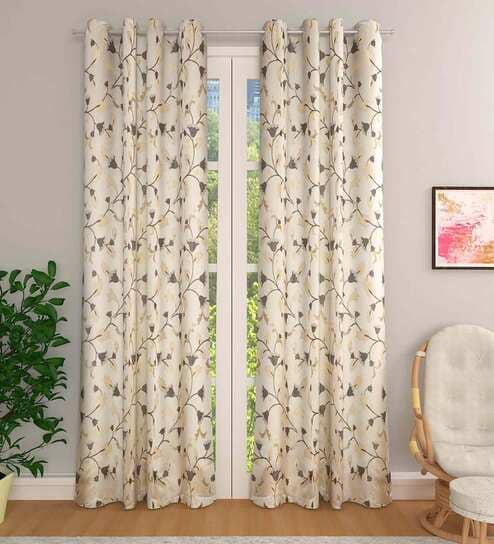 Beige Floral Polyester 8 Ft Light Filtering Eyelet Door Curtain
