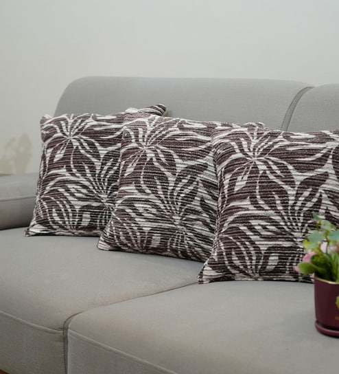 Coffee Polyester Floral 16x16 inches Cushion Covers Set of 3