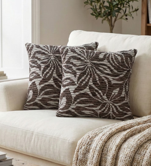 Coffee Polyester Floral 18x18 inches Cushion Covers Set of 2