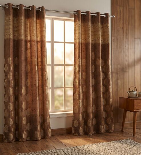 Coffee Polyester Floral 9Ft Light Filtering Eyelet Long Door Curtain