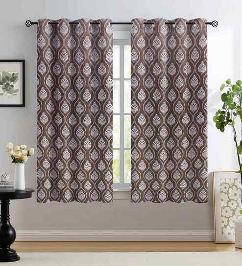 Coffee Polyester Geometric 5ft Regular Eyelets Window Curtain (2 Pc)