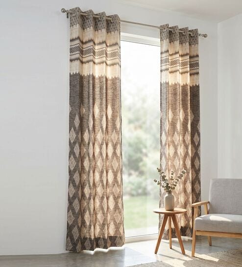 Coffee Polyester Geometric 7Ft Light Filtering Eyelet Door Curtain