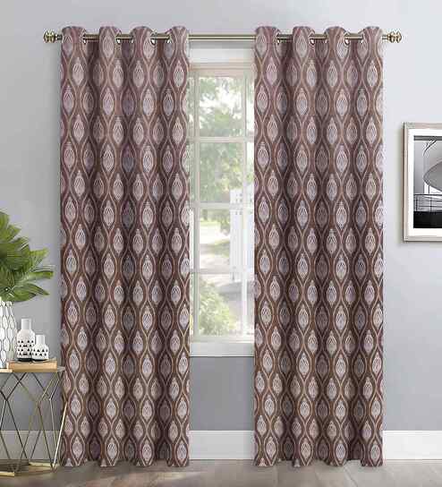 Coffee Polyester Geometric 7ft Regular Eyelets Door Curtain (2 Pc)
